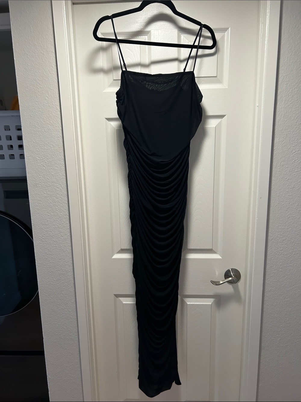 VENUS Black Ruched Slip Dress with Spaghetti Straps